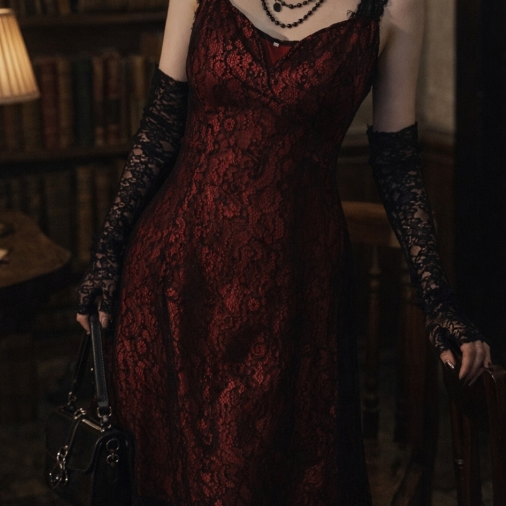 Y2K Lace And Satin Witchy Whimsigoth Red And Black Midi Dress - Picture 1 of 10